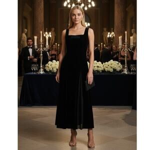 HVN Viv Pleated Chiffon and Velvet Maxi Dress 2 Black NWT